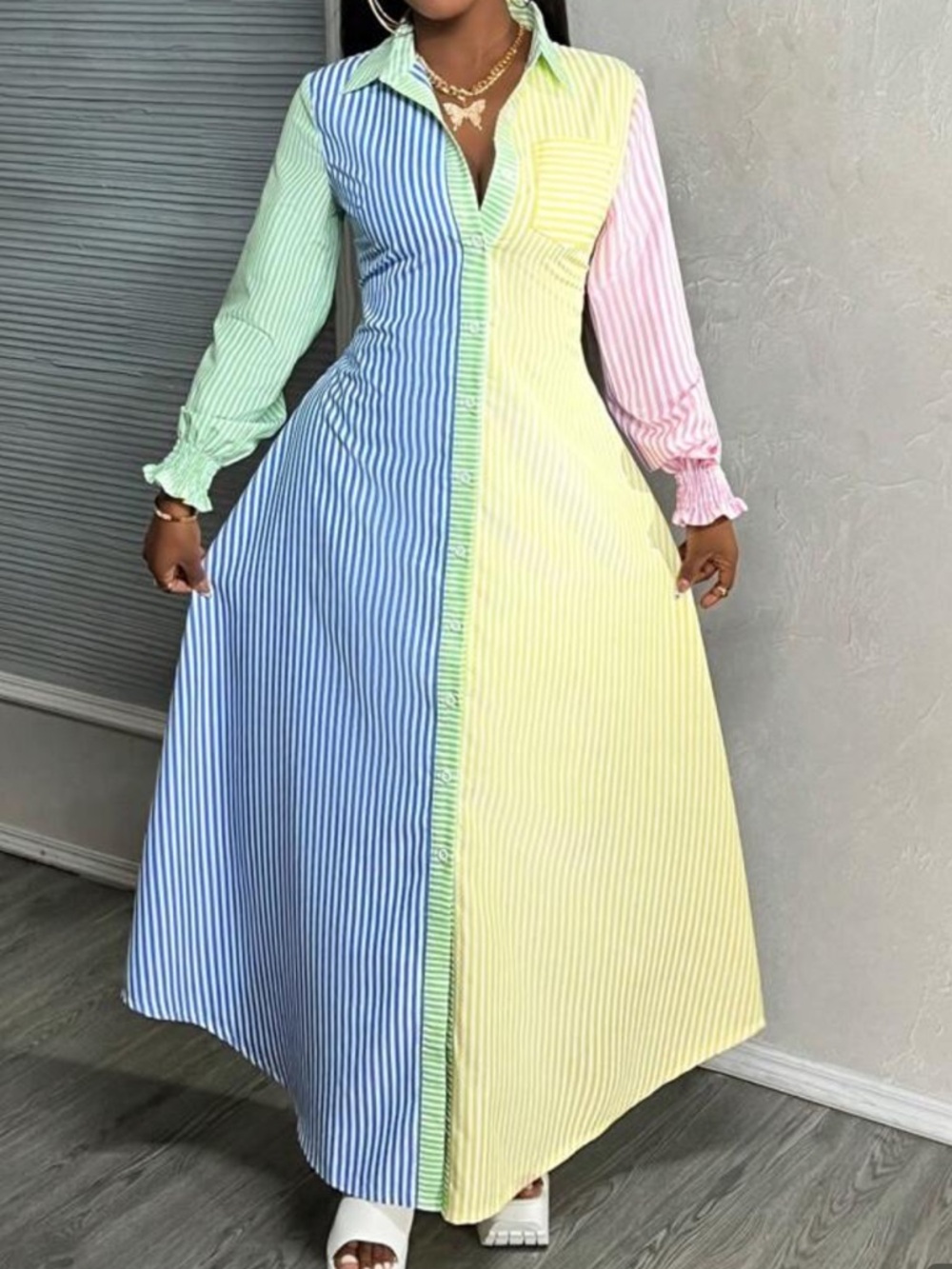 SHEIN | Striped Print Colorblock Long Shirt Dress